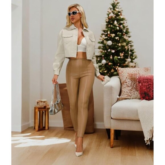 🆕Women Beige Cropped Moto Biker Short Comfortable Faux Leather Fashion Jacket - Picture 5 of 8